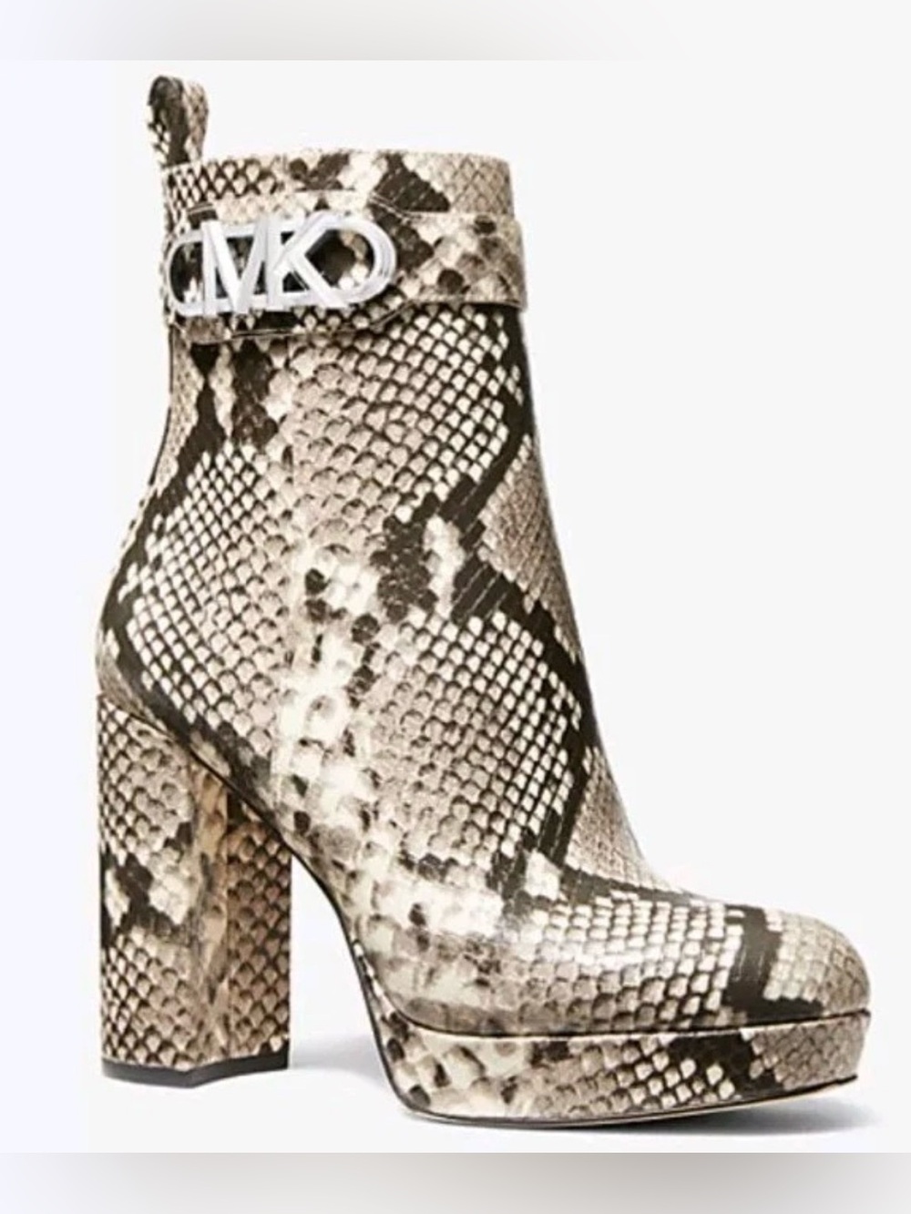 MICHAEL KORS Snake-Print Platform Ankle Boot in Beige and Black